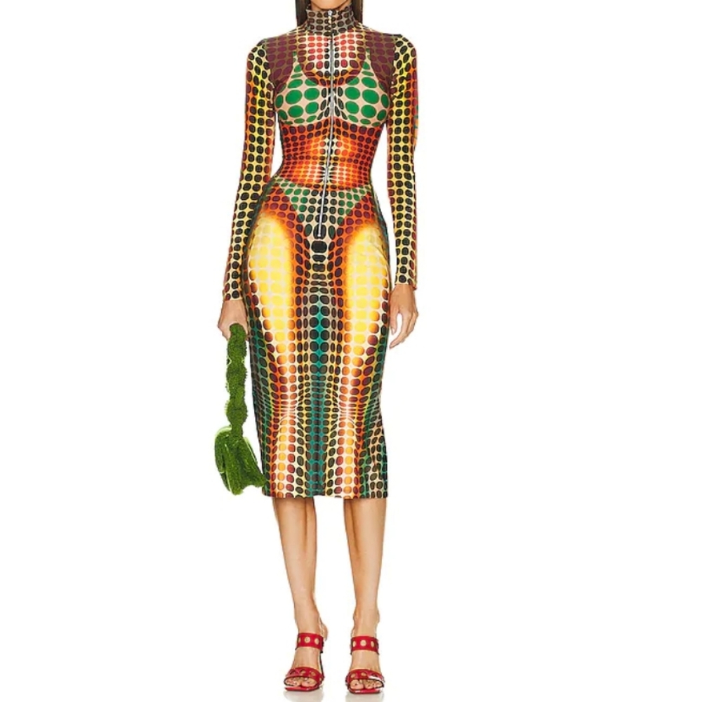 Jean Paul Gaultier Cyber Dots Center Front Zip Long Sleeve Midi Dress